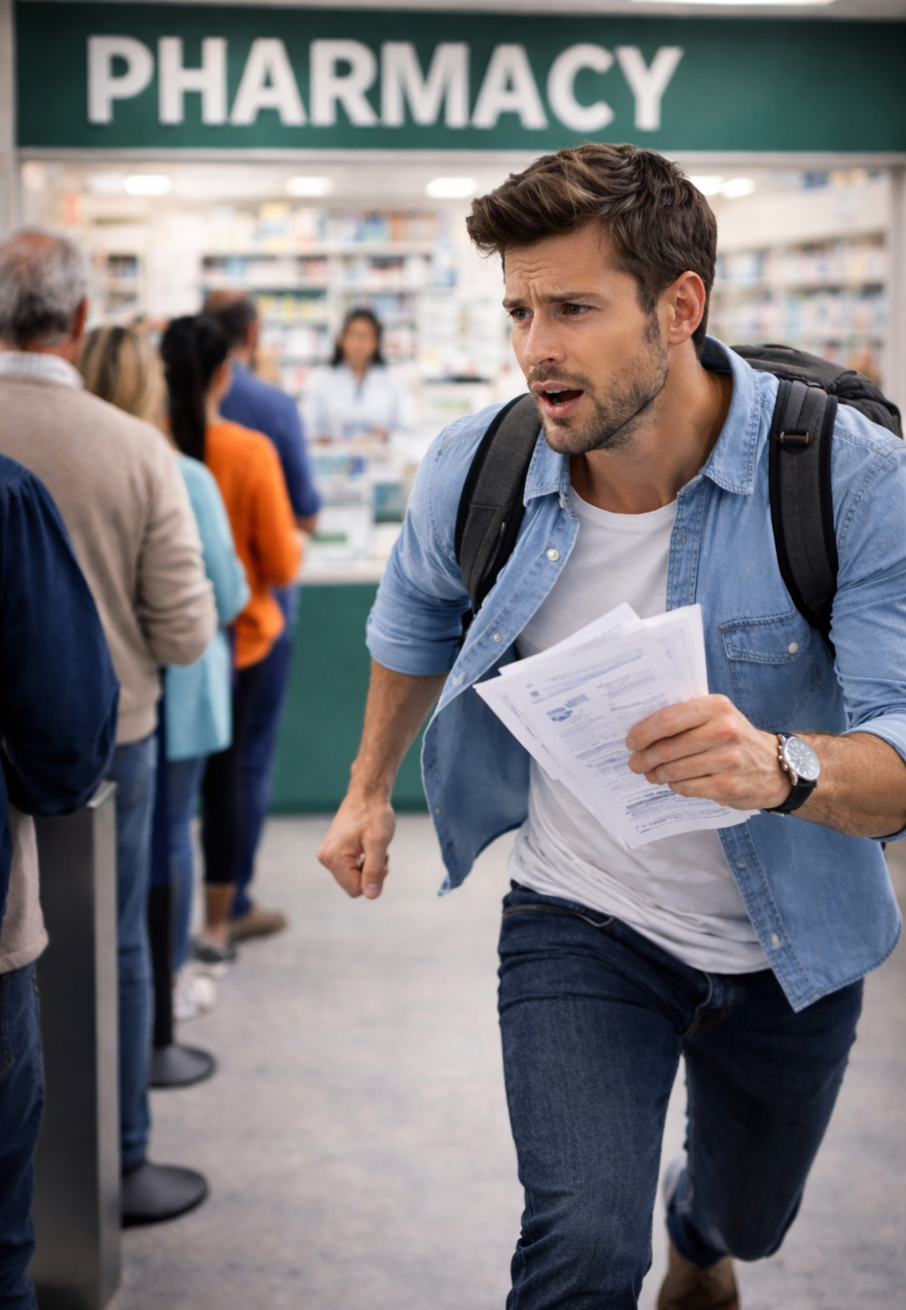 Rushing to pharmacy